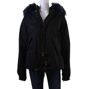 Six Crisp Days Womens Cotton Faux Fur Drawstring Waist Jacket Black Size M